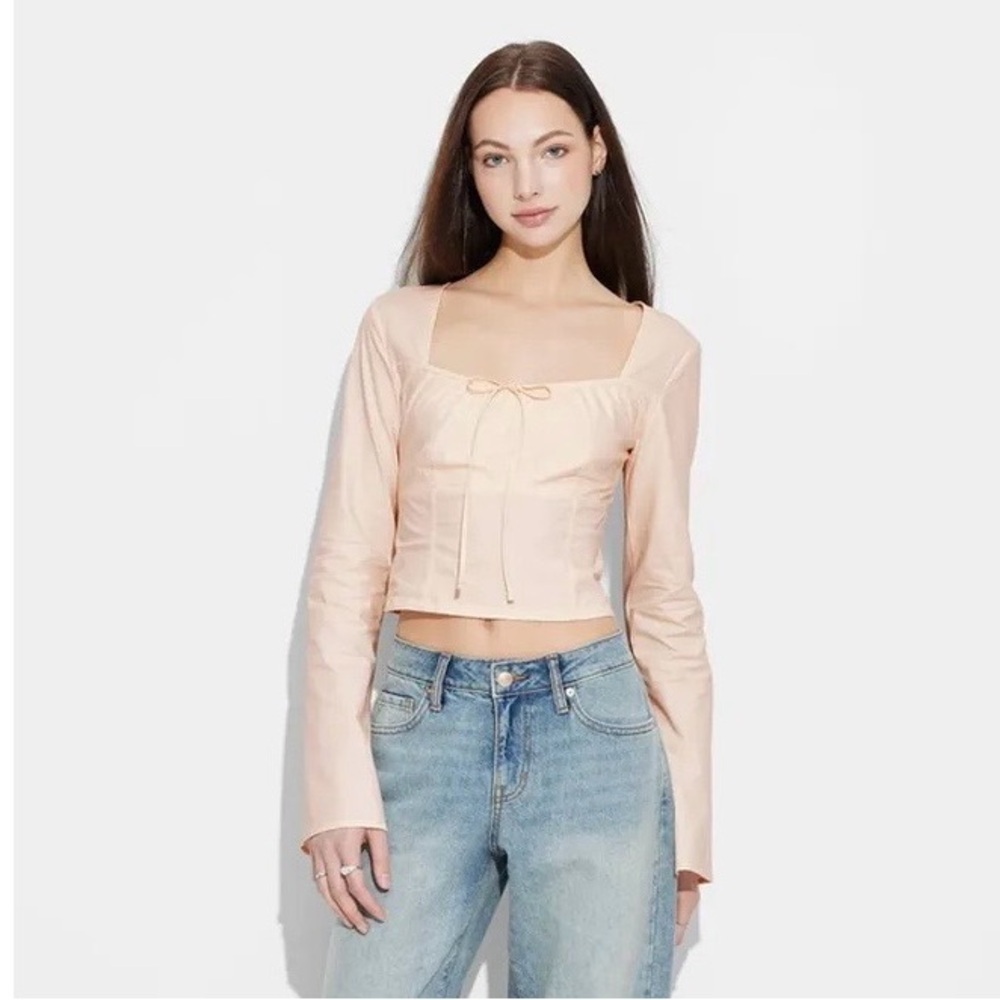 Wild Fable Women's Long Sleeve Cotton Milkmaid Top- Coral Pink XXS